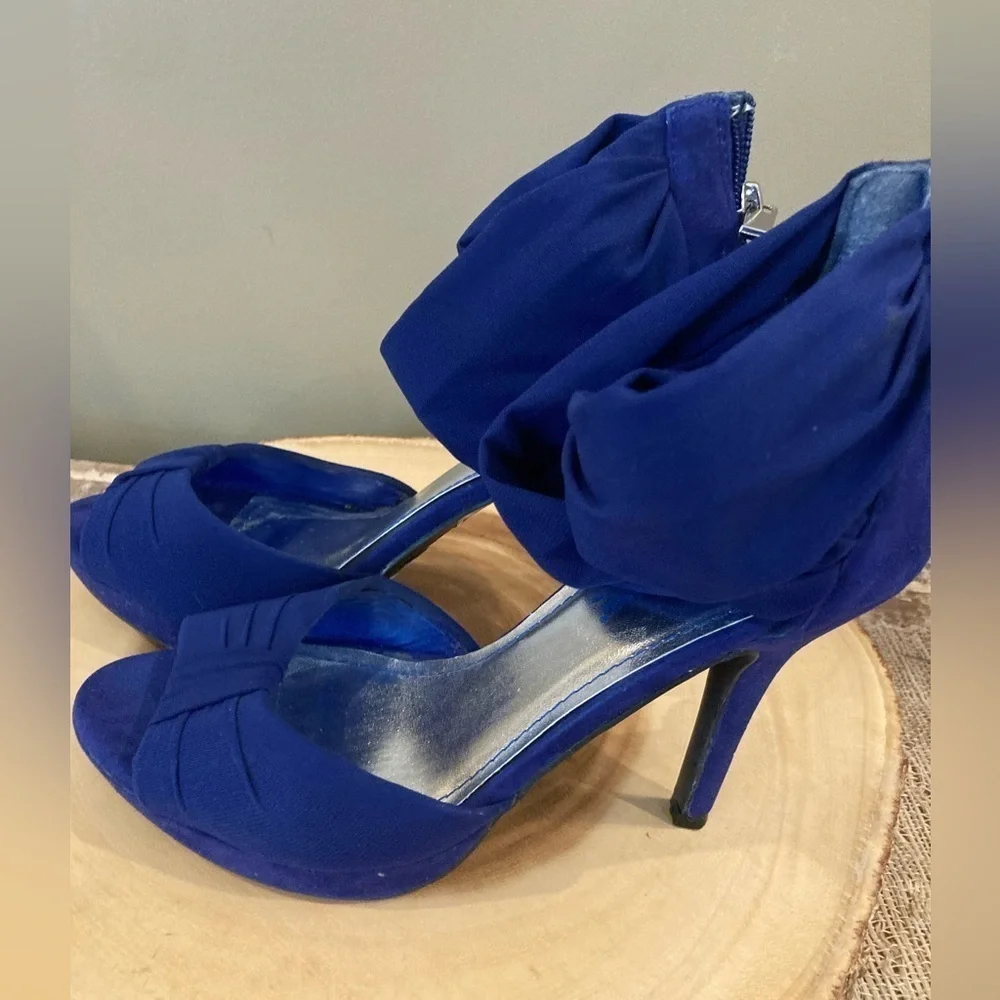 Anne Michelle Girltalk Royal Blue Fabric Ankle Strap High Heels Women Sz 7.5 New